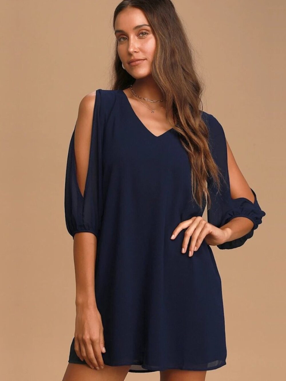 2/$30 Lulus Shifting Dears Navy Blue Long Sleeve Dress Small #A2980